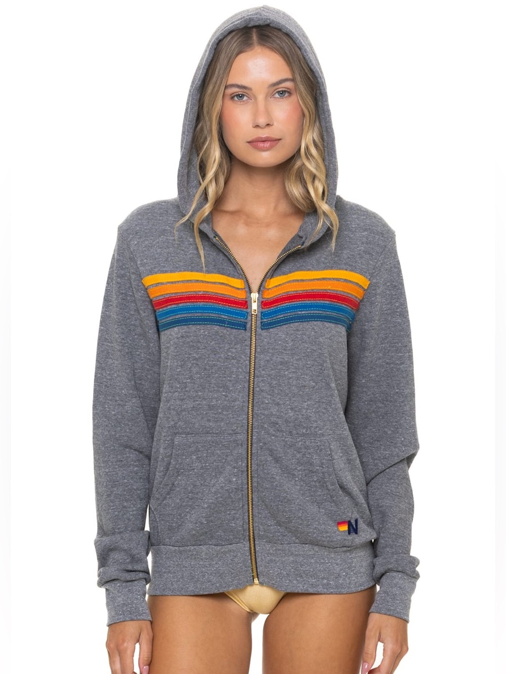 Aviator Nation Women’s S 5 Stripe Zip Hoodie Heather Gray Read*